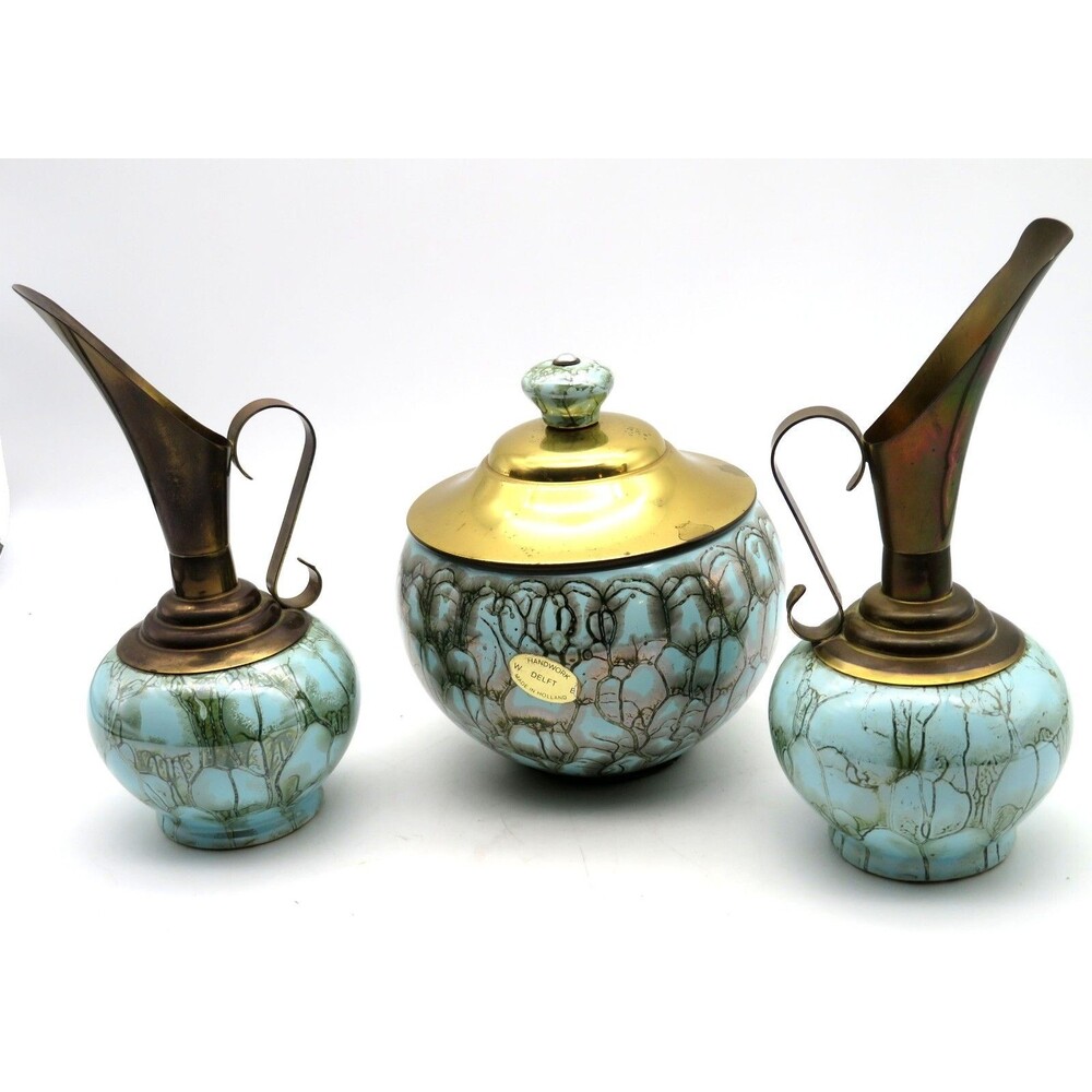 VTG W. Delft Holland Marbled Turquoise Pottery Set  2 Pitchers and Lidded Bowl